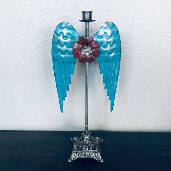 Rustic Metal Angel Wings Candlestick Candle Holder Decor - Picture 1 of 4